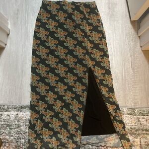 Urban Outfitters Olive Midi Skirt with Orange Floral Print and Front Slit